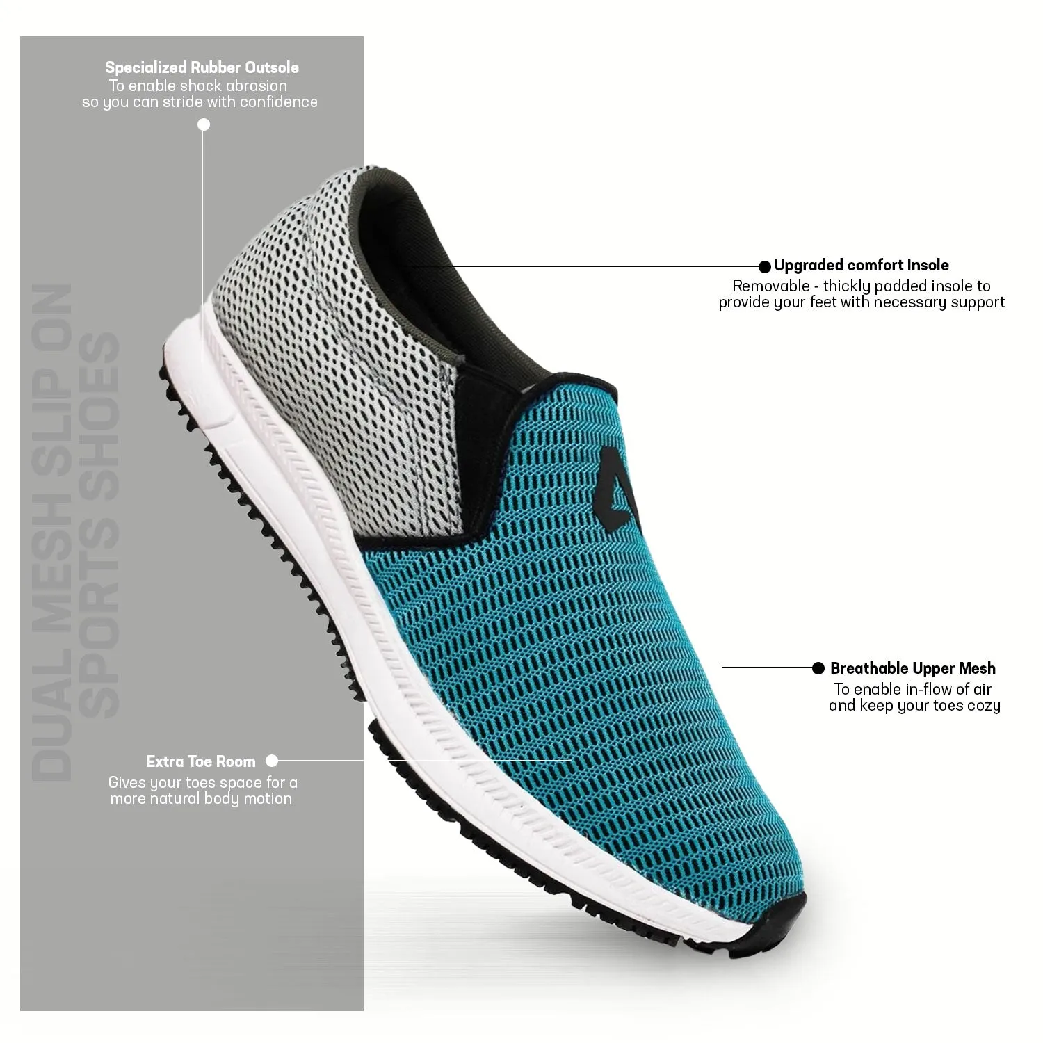 Avant Men's Dual Mesh Slip On Sports Shoes - Blue/Grey