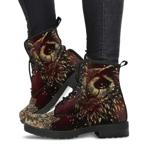 Combat Boots for Women - Owl 1 Handcrafted Boots | Unique Custom Faux Leather Shoes, Cruelty-free Vegan Handmade Lace Up