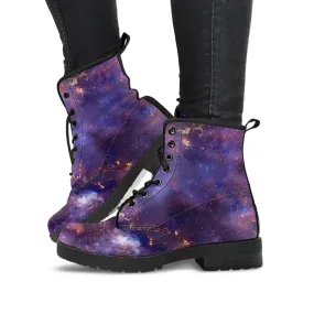 Combat Boots for Women - Purple Galaxy Boots | Unique Custom Faux Leather Shoes, Cruelty-free Vegan Handmade Lace Up