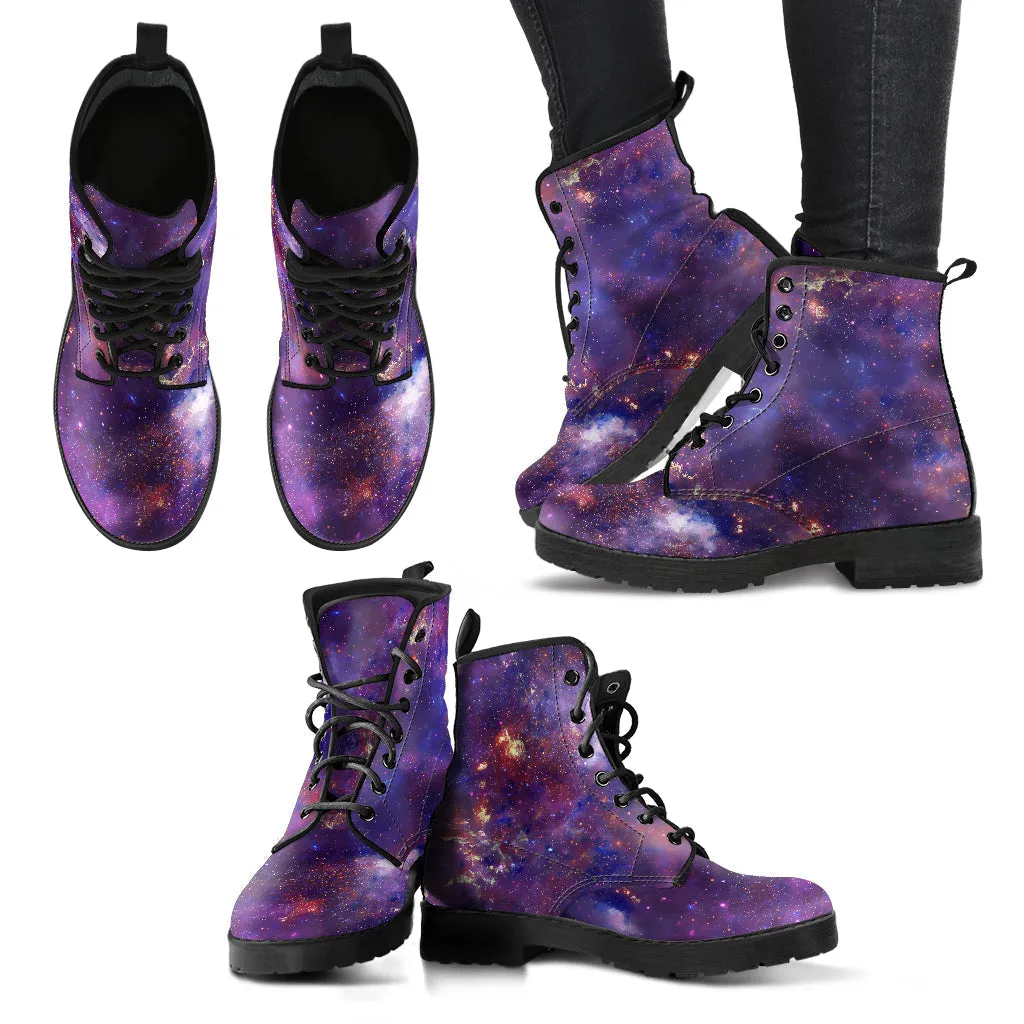 Combat Boots for Women - Purple Galaxy Boots | Unique Custom Faux Leather Shoes, Cruelty-free Vegan Handmade Lace Up