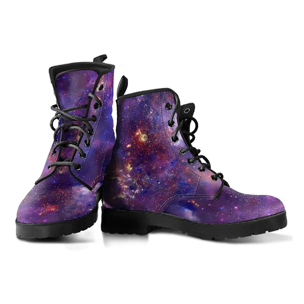 Combat Boots for Women - Purple Galaxy Boots | Unique Custom Faux Leather Shoes, Cruelty-free Vegan Handmade Lace Up