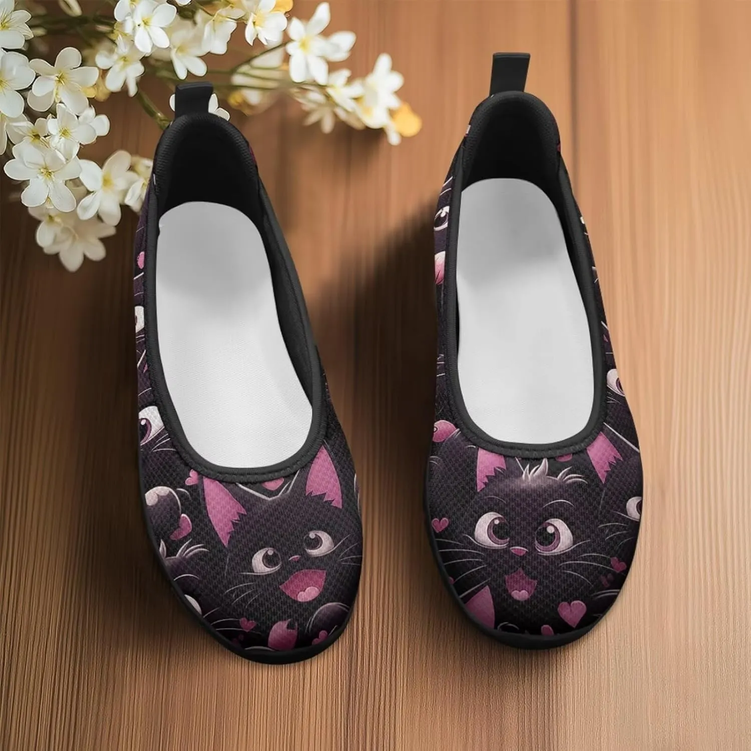 Jeiento Cat Theme Women's Walking Shoes Slip-On Loafers Mesh Low Top Sneakers Athletic Running Jogging Shoes