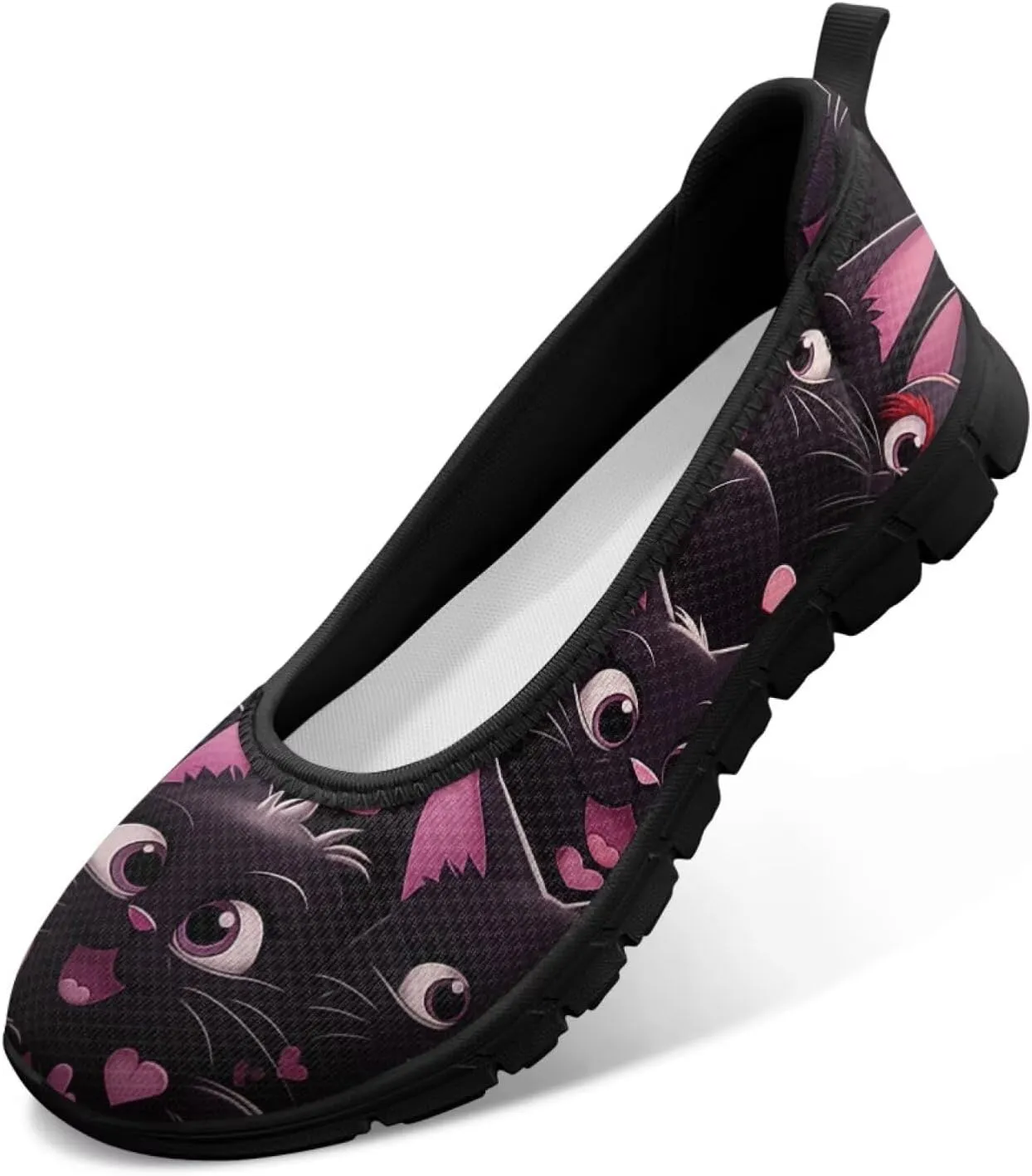 Jeiento Cat Theme Women's Walking Shoes Slip-On Loafers Mesh Low Top Sneakers Athletic Running Jogging Shoes