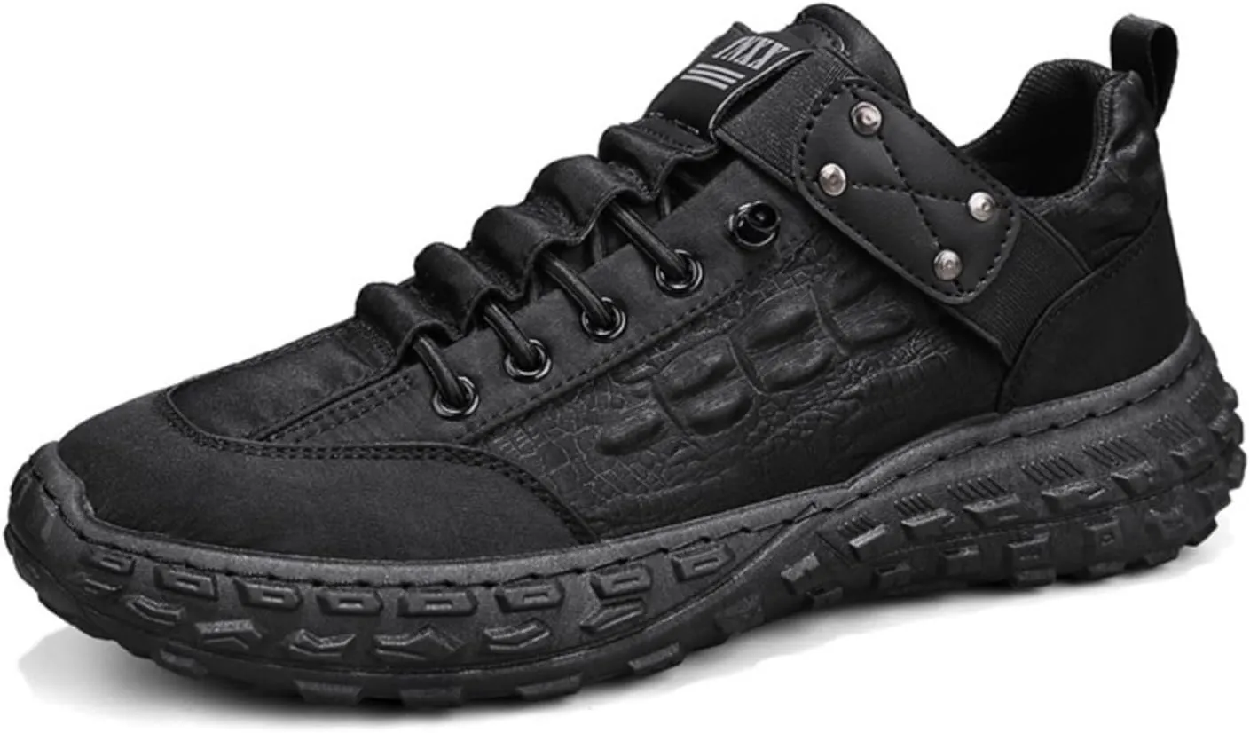 Men's Slip-On Hiking Shoes with Metal Rivet Decor Fabric and Leather Together& Anti-Slip Outsole for Mountain Trekking & Urban Trails