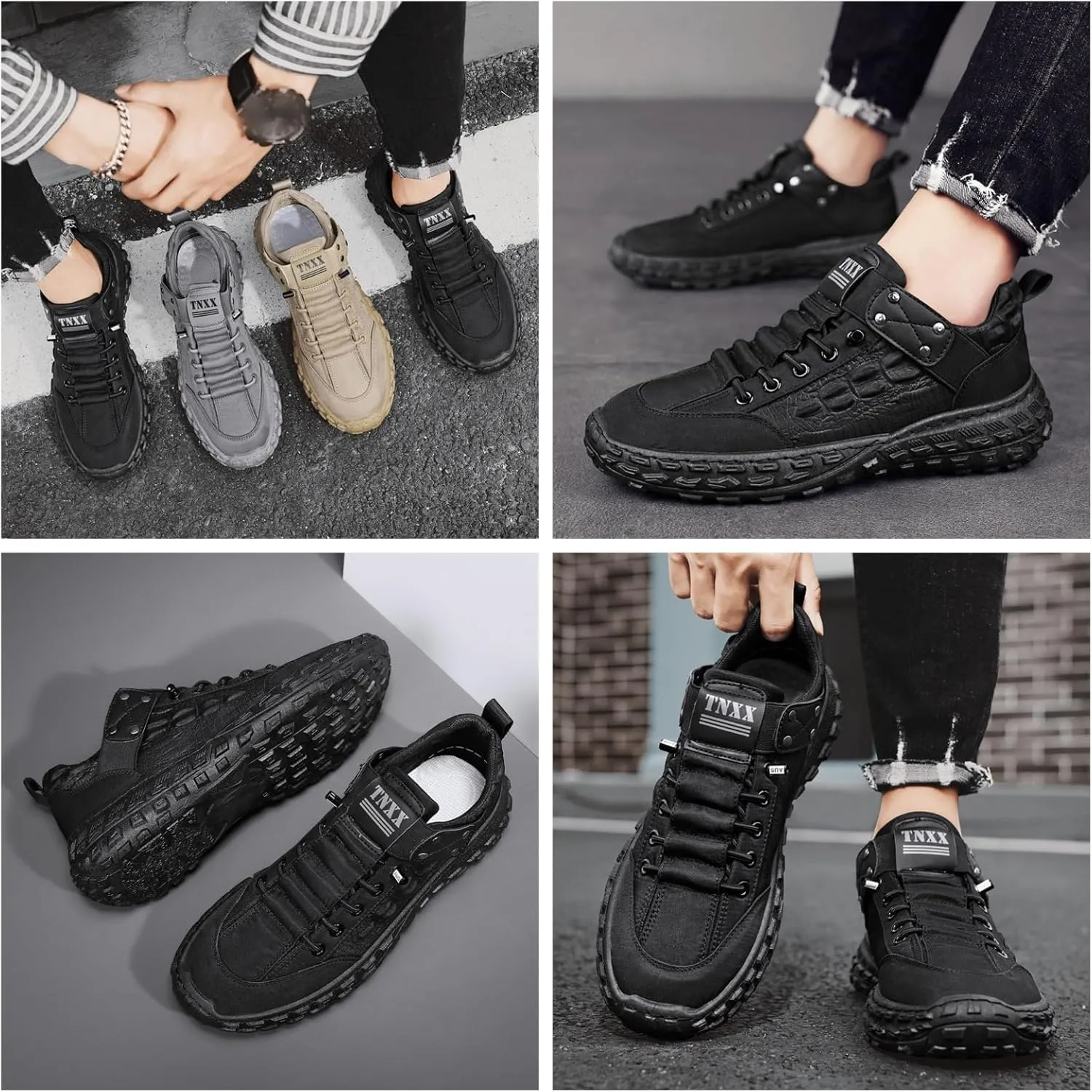 Men's Slip-On Hiking Shoes with Metal Rivet Decor Fabric and Leather Together& Anti-Slip Outsole for Mountain Trekking & Urban Trails