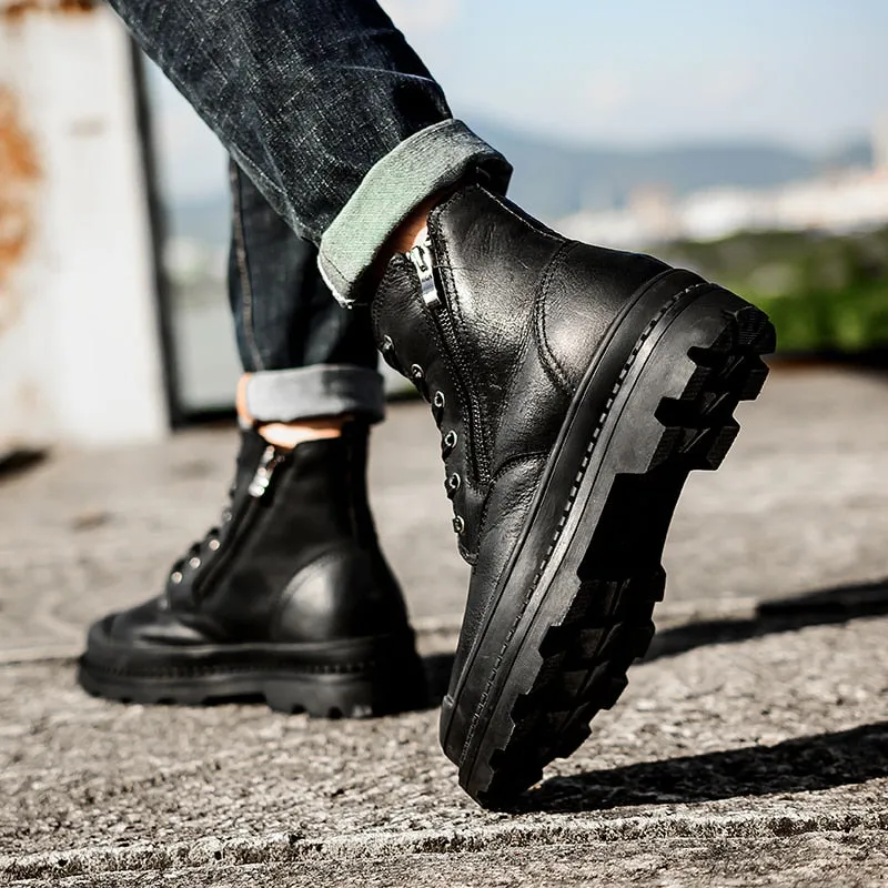 Retro Genuine Leather Warm Zip Basic Style Men Boots