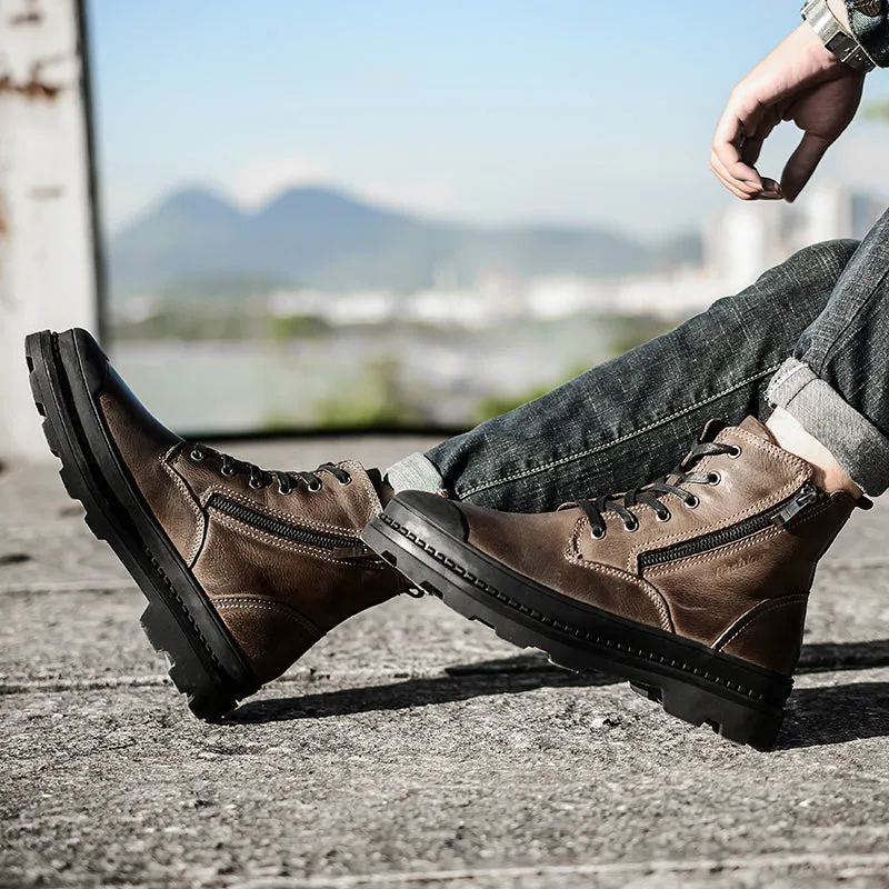 Retro Genuine Leather Warm Zip Basic Style Men Boots
