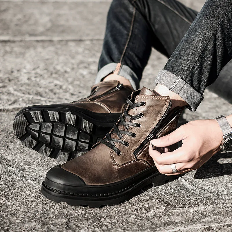 Retro Genuine Leather Warm Zip Basic Style Men Boots