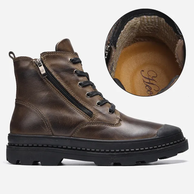 Retro Genuine Leather Warm Zip Basic Style Men Boots