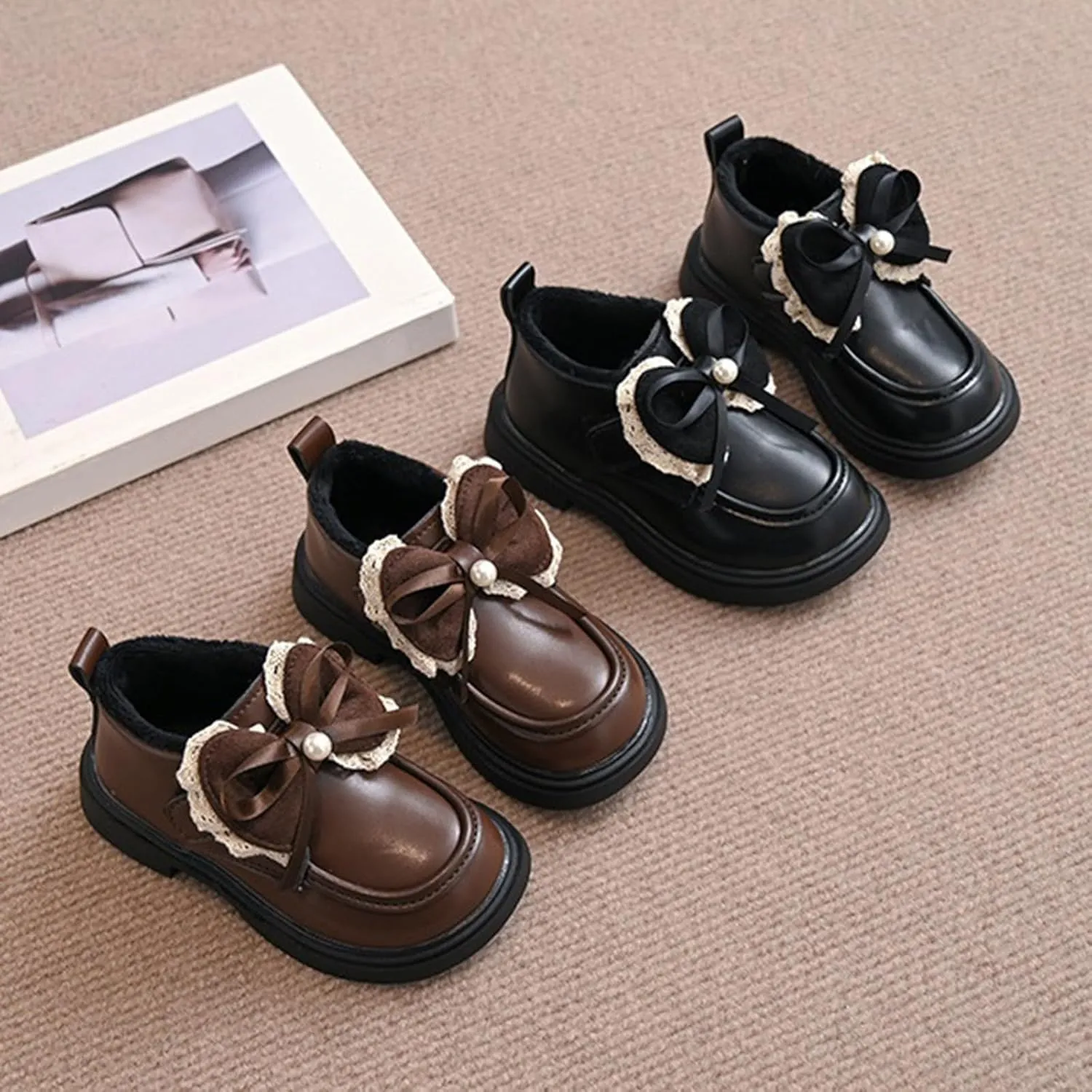 Toddler Girls Winter Cute Bowknot Furry Ankle Boots Furry Soft Thick Bottom Non Slip Water Proof Leather Snow Shoes
