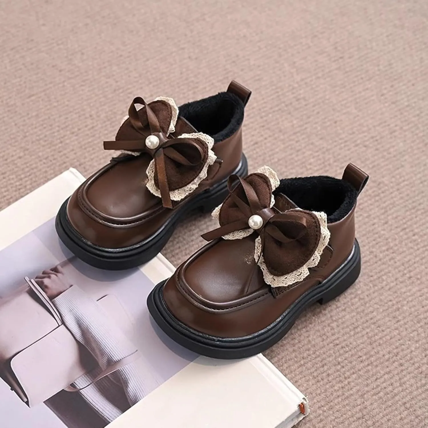 Toddler Girls Winter Cute Bowknot Furry Ankle Boots Furry Soft Thick Bottom Non Slip Water Proof Leather Snow Shoes