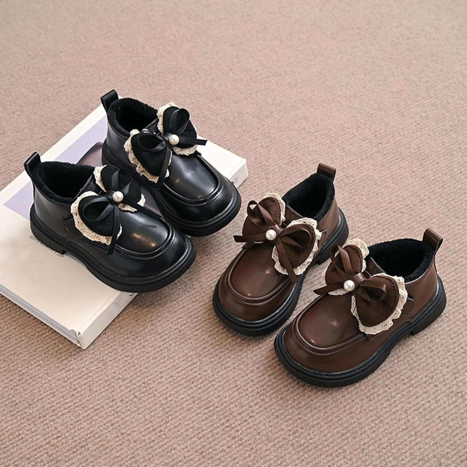 Toddler Girls Winter Cute Bowknot Furry Ankle Boots Furry Soft Thick Bottom Non Slip Water Proof Leather Snow Shoes