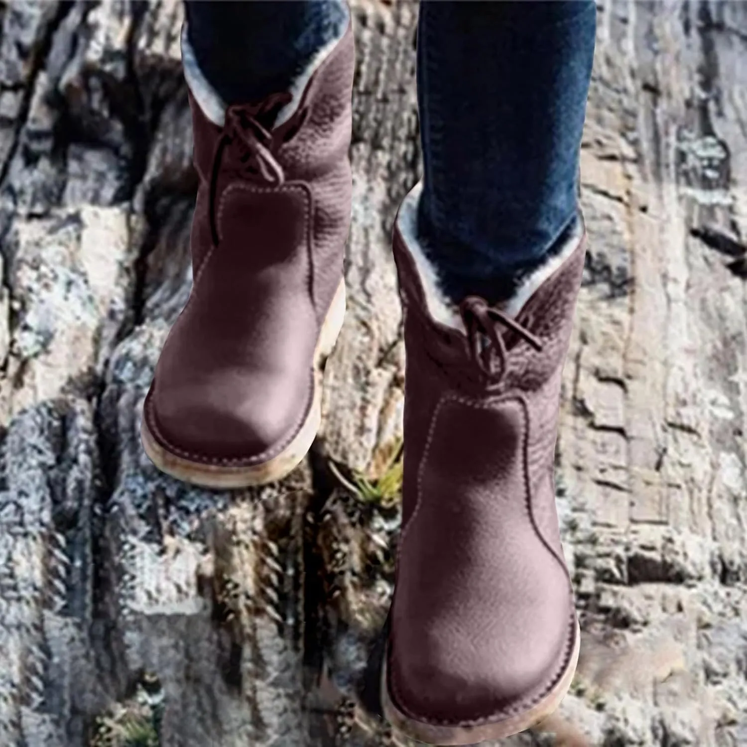 Waterproof Snow Boots for Women, Wide Width Ankle Boots Warm Insulated Faux Fur Lined Waterproof Lace Up Snow Boots Winter Fuzzy Snow Boots Short Ankle Boot with Fur Lined