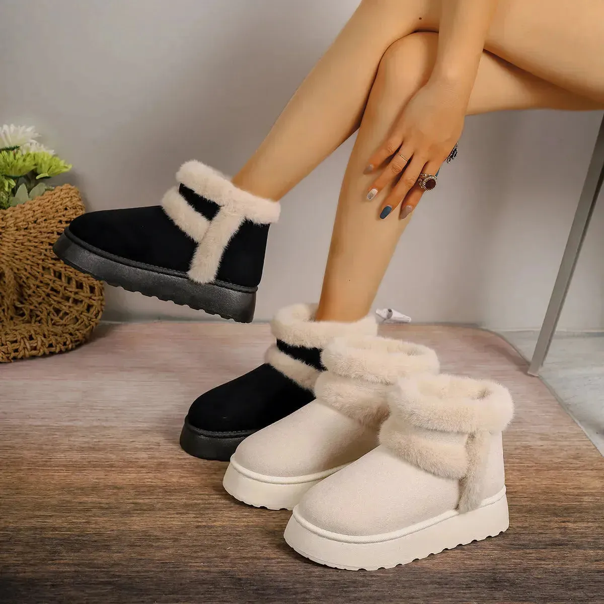 Winter Fleece-lined Snow Boots Warm Furry Women's Thick Bottom Casual Short Boot House Shoes
