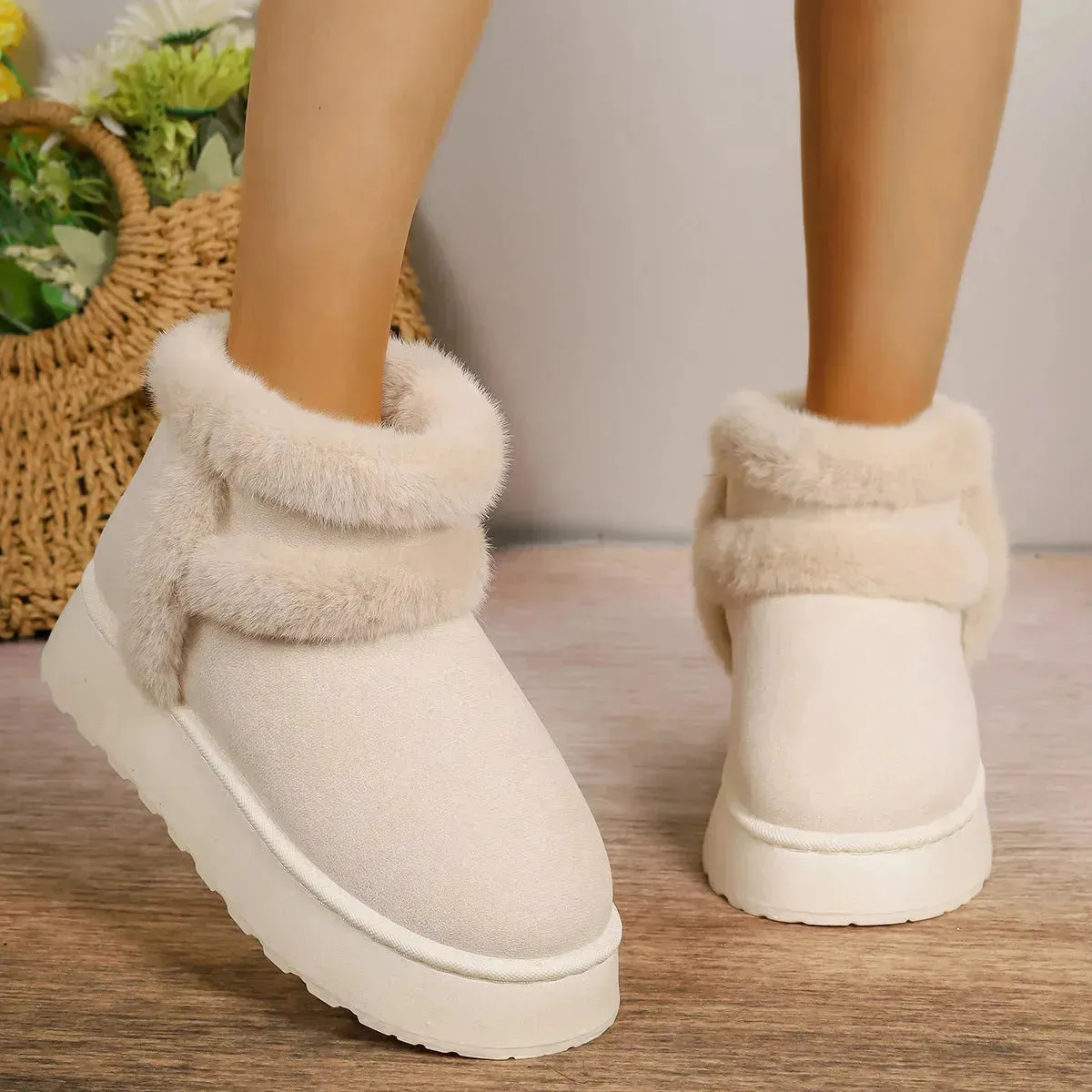 Winter Fleece-lined Snow Boots Warm Furry Women's Thick Bottom Casual Short Boot House Shoes