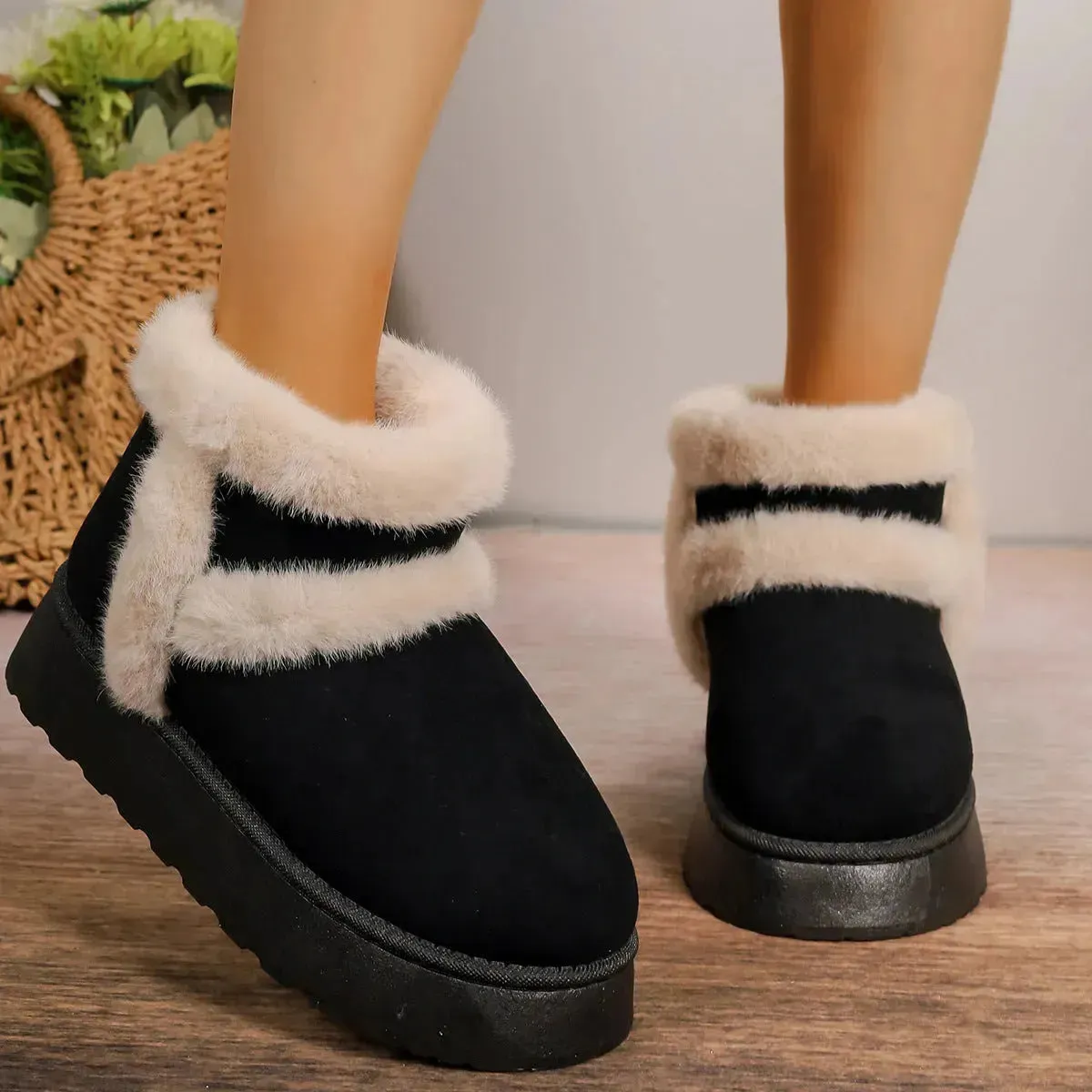 Winter Fleece-lined Snow Boots Warm Furry Women's Thick Bottom Casual Short Boot House Shoes