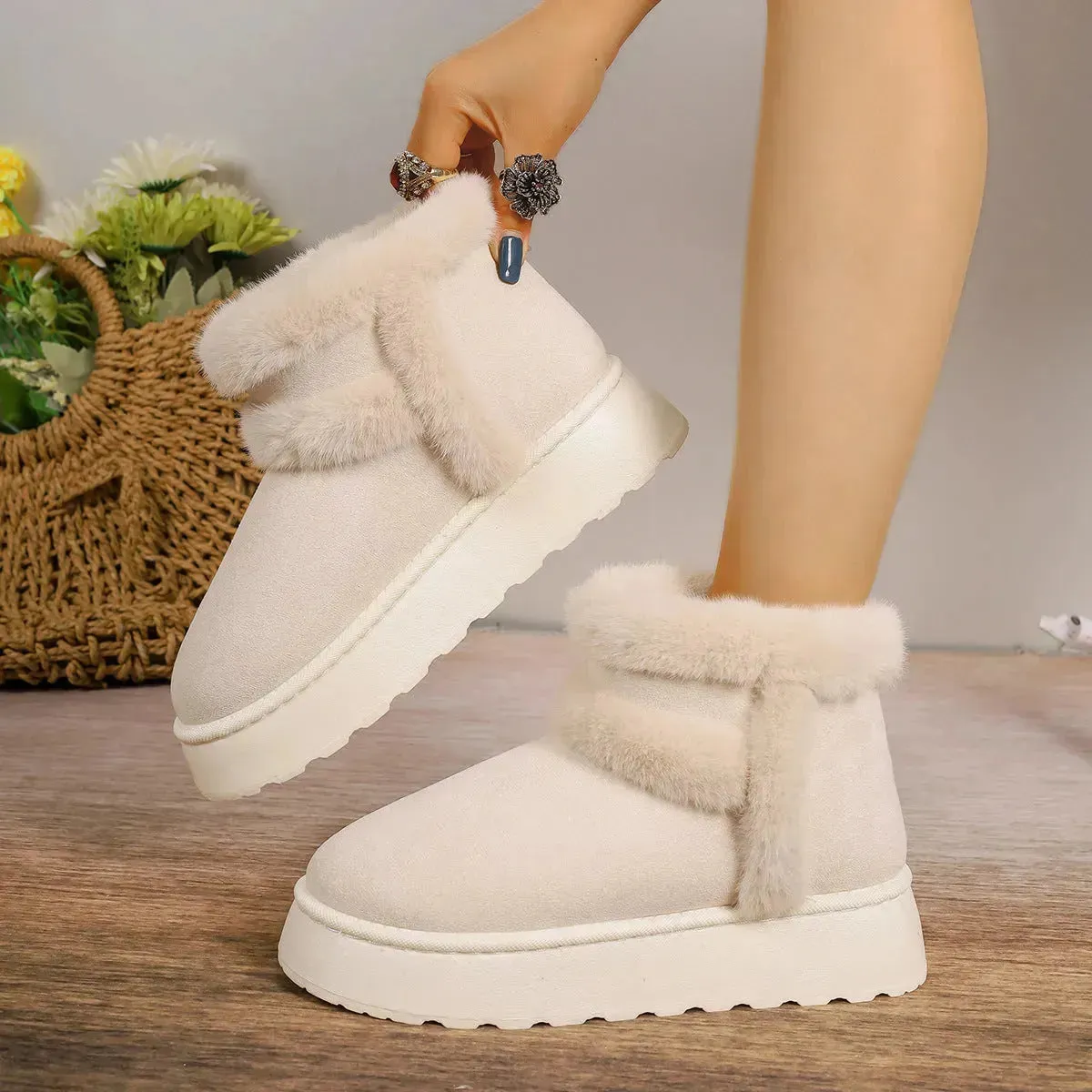 Winter Fleece-lined Snow Boots Warm Furry Women's Thick Bottom Casual Short Boot House Shoes