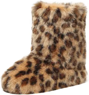 Women's Faux Fur Snow Boots Furry Cute Mid Calf Boots Winter Warm Leopard Boots Comfortable Outdoor Multicolor Flat Shoes