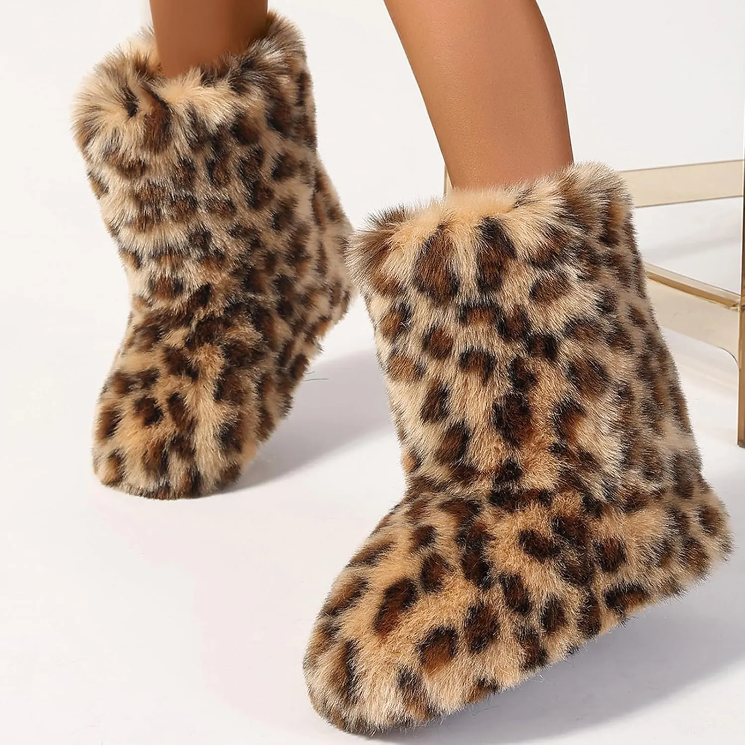 Women's Faux Fur Snow Boots Furry Cute Mid Calf Boots Winter Warm Leopard Boots Comfortable Outdoor Multicolor Flat Shoes