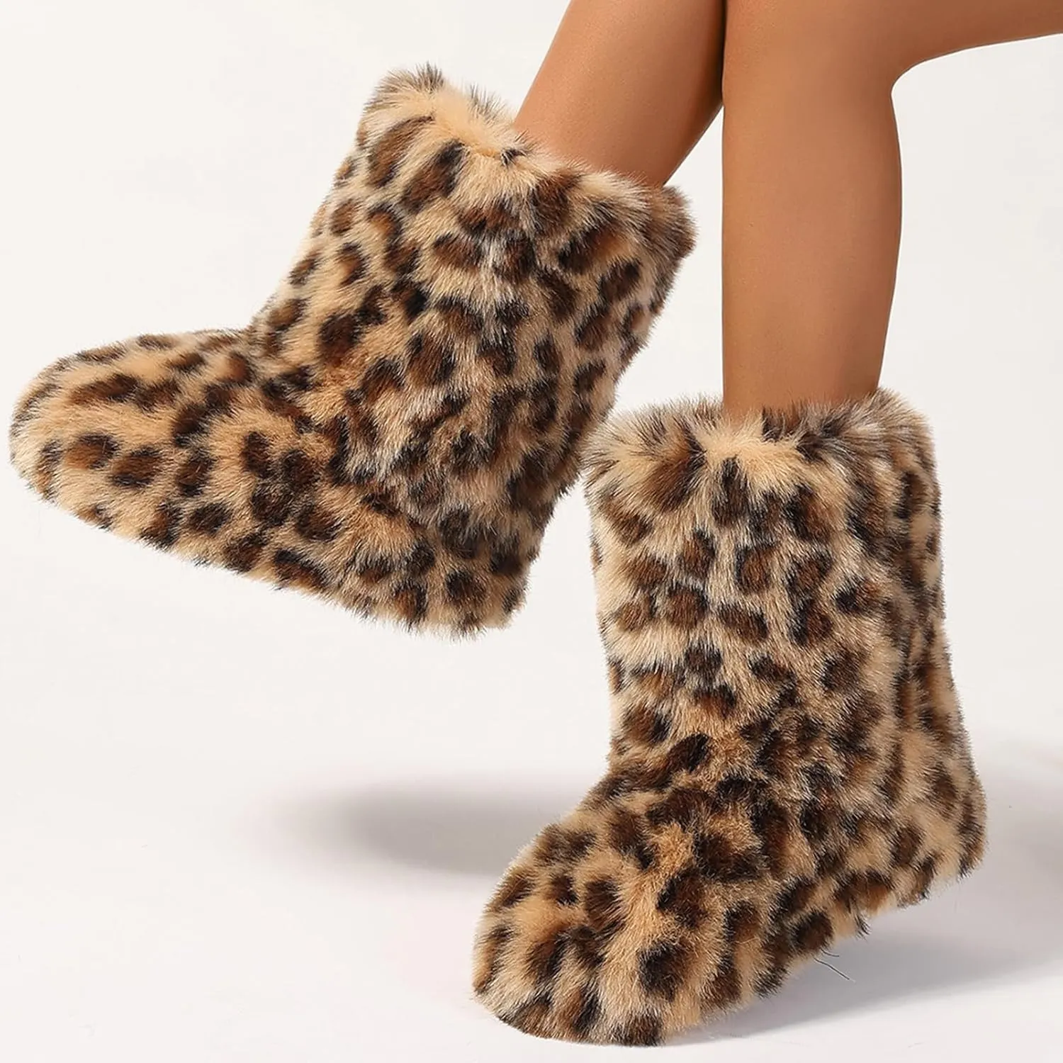Women's Faux Fur Snow Boots Furry Cute Mid Calf Boots Winter Warm Leopard Boots Comfortable Outdoor Multicolor Flat Shoes