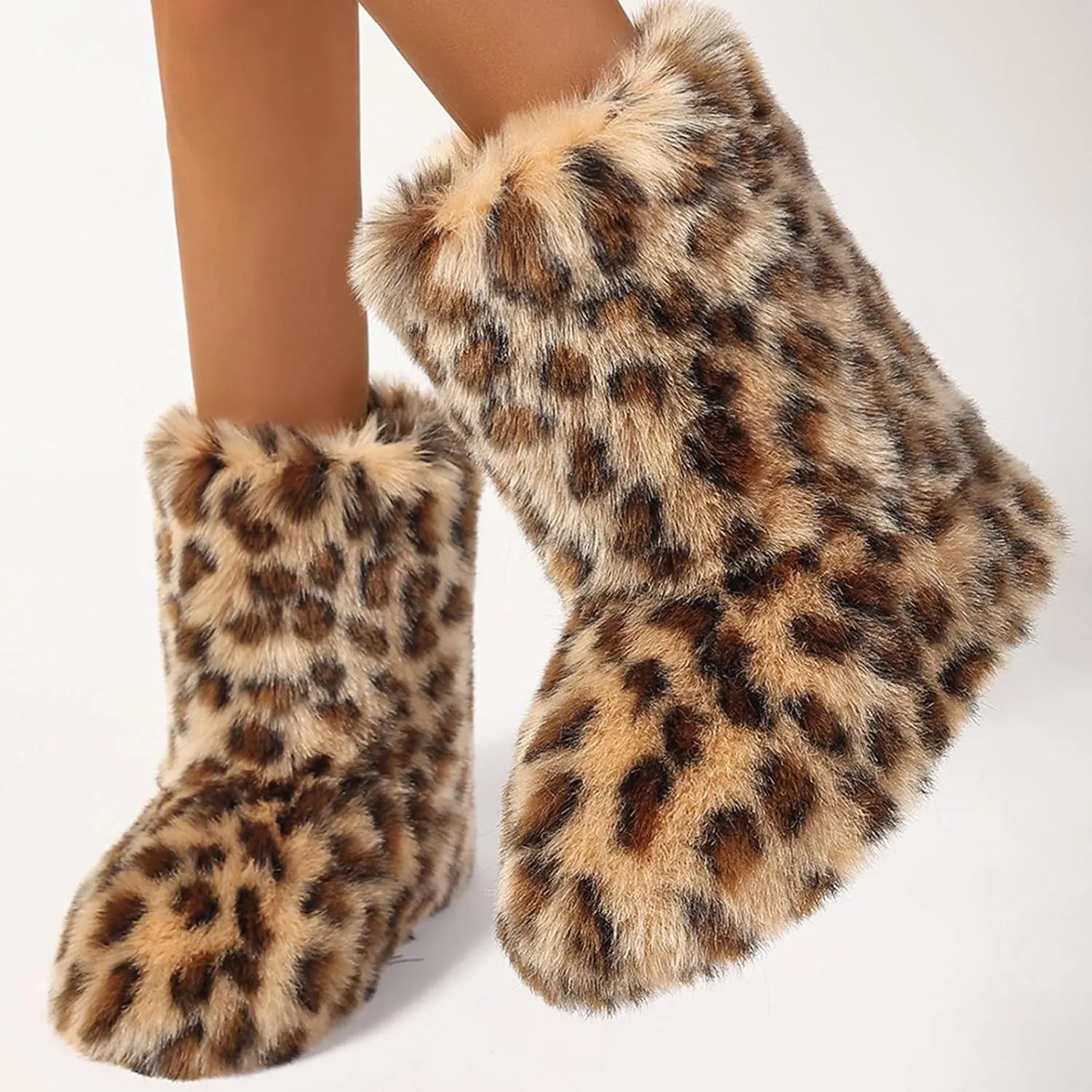 Women's Faux Fur Snow Boots Furry Cute Mid Calf Boots Winter Warm Leopard Boots Comfortable Outdoor Multicolor Flat Shoes