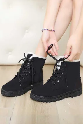 Women's Flat Heel Lace-up Fleece Short Snow Boots
