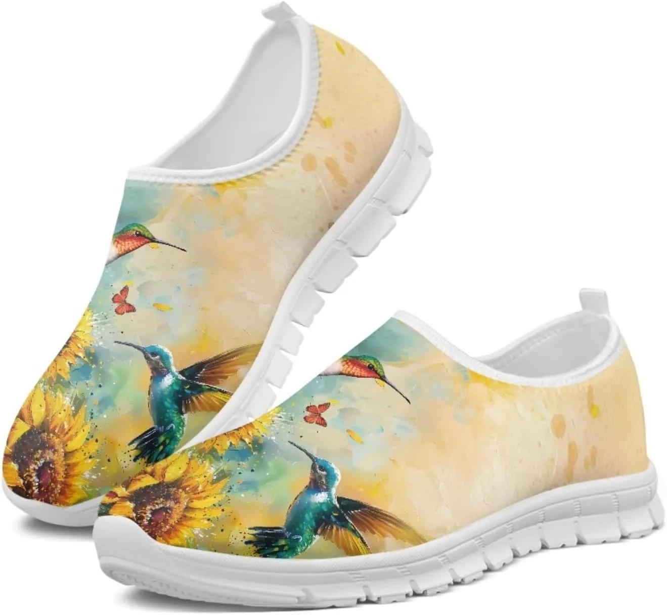 Women's Hummingbird Flower Wide Flats Loafer Leisure Shoes Slip On Lowtop Work Walking Sneaker