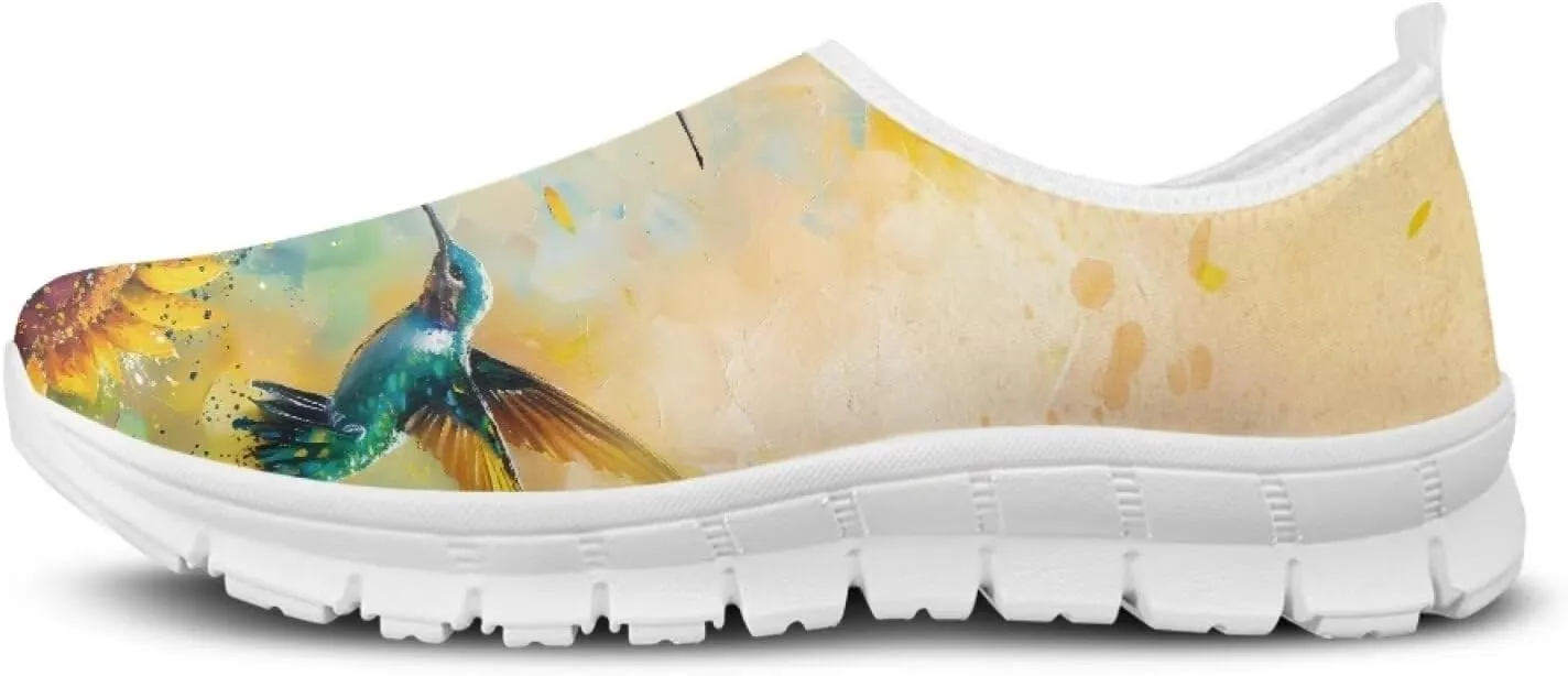 Women's Hummingbird Flower Wide Flats Loafer Leisure Shoes Slip On Lowtop Work Walking Sneaker