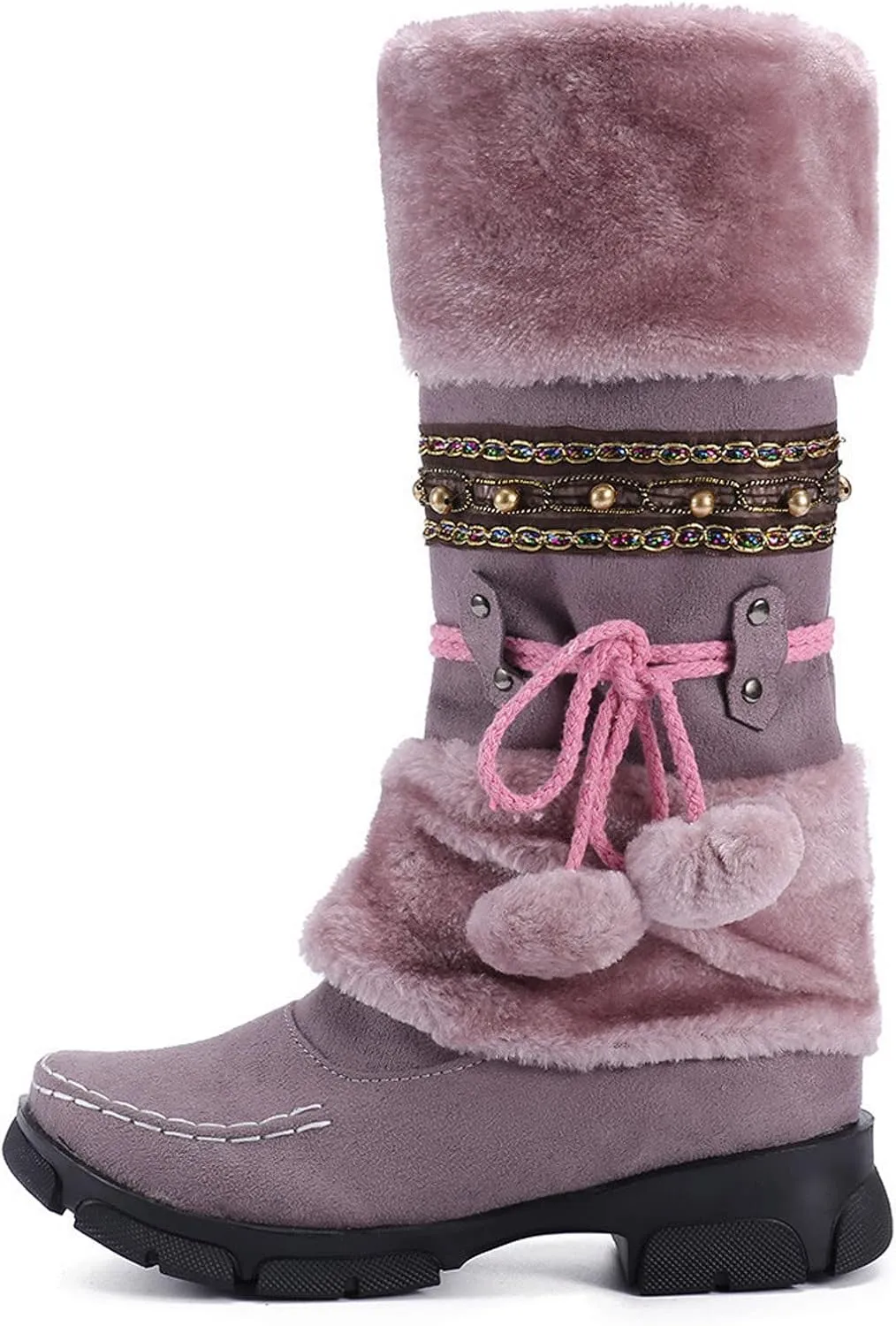 Women's Snow Boots Suede Mid Calf Dressy Winter Boots Pompom Non Slip Fuzzy Fur Booties Cold Weather Lace Up Ankle Boots Ladies Walking Hiking Booties