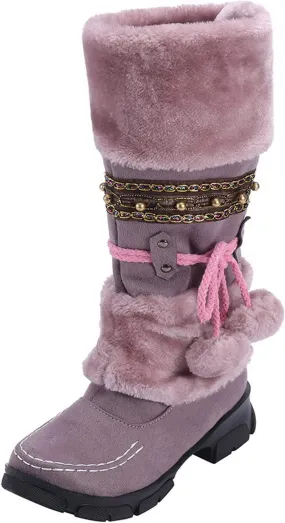 Women's Snow Boots Suede Mid Calf Dressy Winter Boots Pompom Non Slip Fuzzy Fur Booties Cold Weather Lace Up Ankle Boots Ladies Walking Hiking Booties