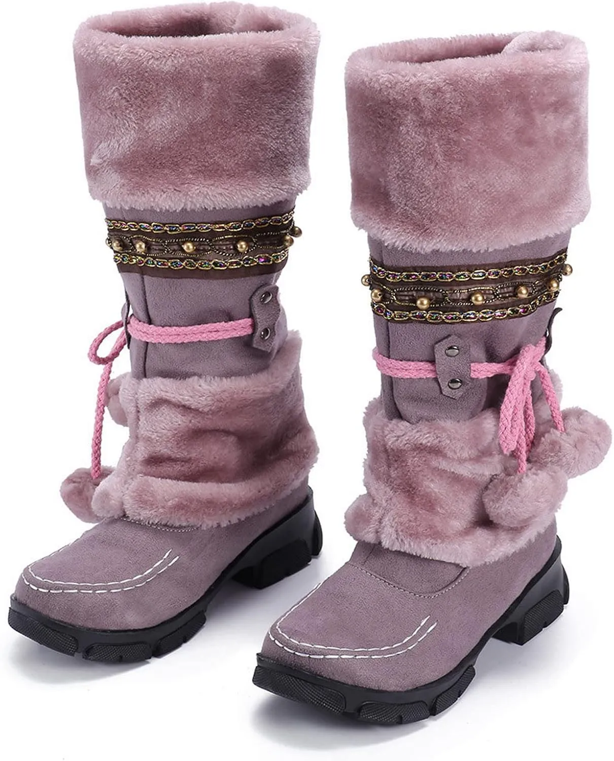 Women's Snow Boots Suede Mid Calf Dressy Winter Boots Pompom Non Slip Fuzzy Fur Booties Cold Weather Lace Up Ankle Boots Ladies Walking Hiking Booties